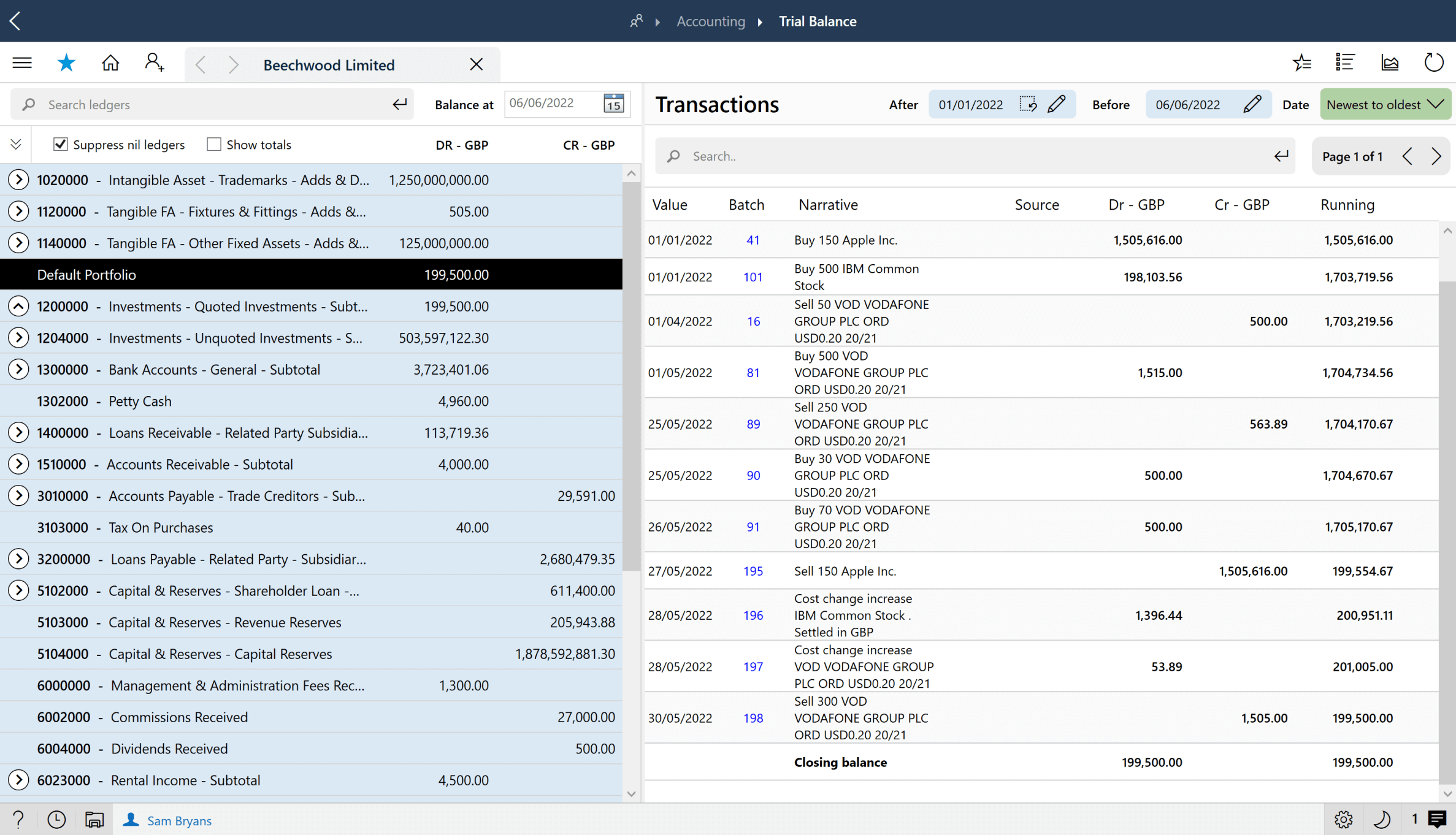 Example image of an Accounting screen within the PlainSail application